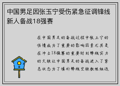 中国男足因张玉宁受伤紧急征调锋线新人备战18强赛 中国男足因张玉宁受伤紧急征调锋线新人备战18强赛