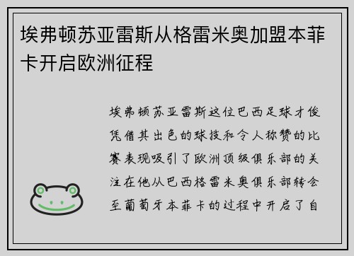 埃弗顿苏亚雷斯从格雷米奥加盟本菲卡开启欧洲征程 埃弗顿苏亚雷斯从格雷米奥加盟本菲卡开启欧洲征程